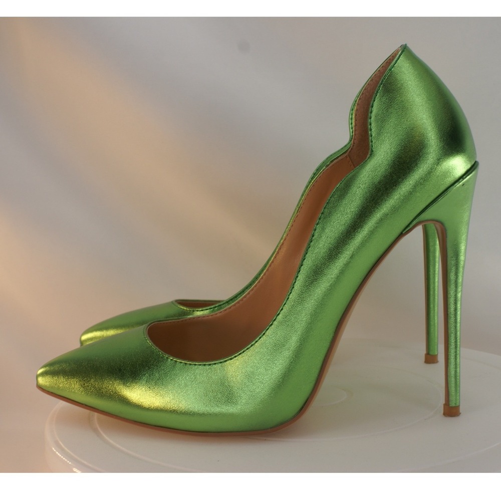 Coleter Womens Metallic Green Scalloped Pointed Toe Stiletto Pumps Size 7.5